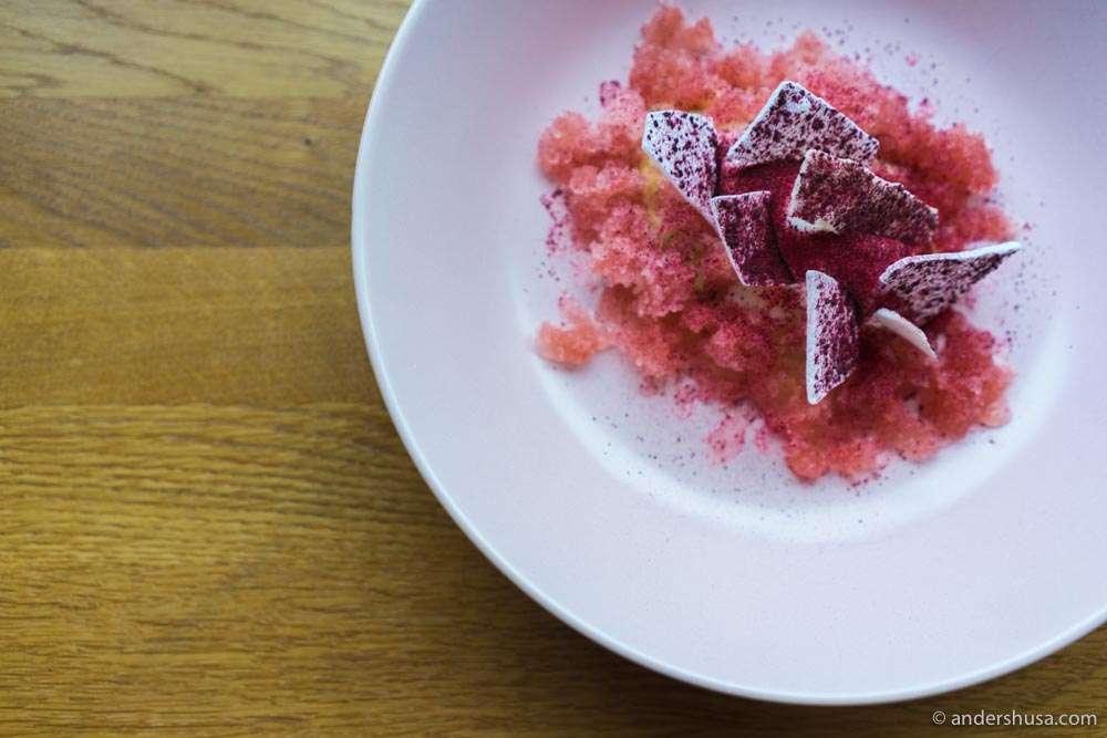 Rhubarb granita, blackcurrant meringue and powder, and ice cream of sour cream and egg yolk.