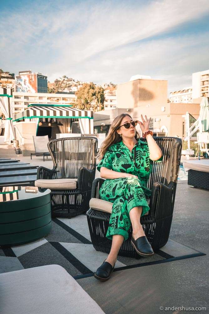 Kaitlin enjoying the sunshine by the rooftop pool.