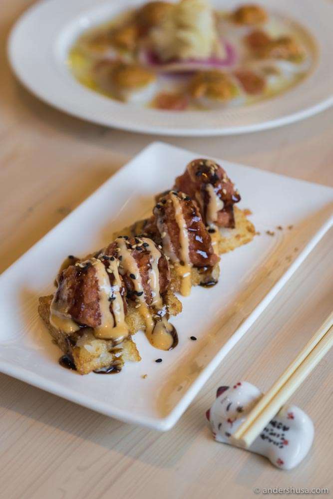 Crispy rice topped with tuna.