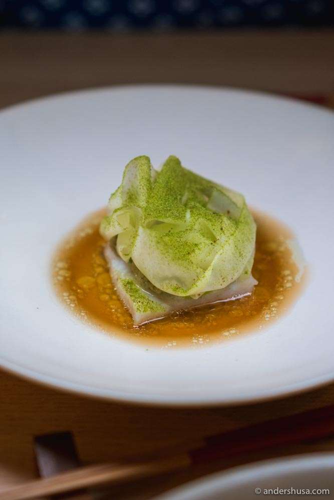 Spanish turbot, roasted ginger scallion relish, kohlrabi, kelp dust, and Chinese broccoli.