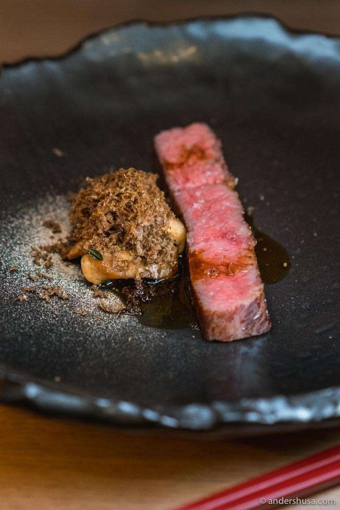 Grilled wagyu short rib, matsutake, truffle, and roasted oxtail sauce.