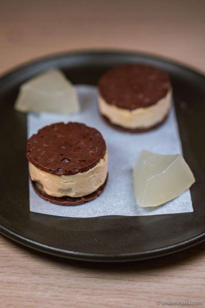 Barley koji caramel cookie with jasmine parfait.