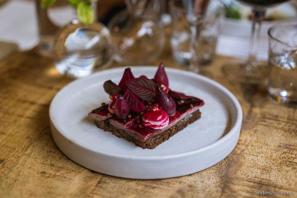 Blackcurrant herring with red onion, crème fraîche, and buckwheat.
