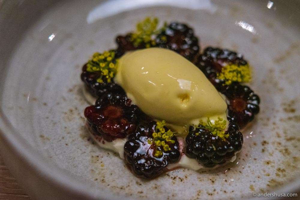 Butter ice cream & blackberries.