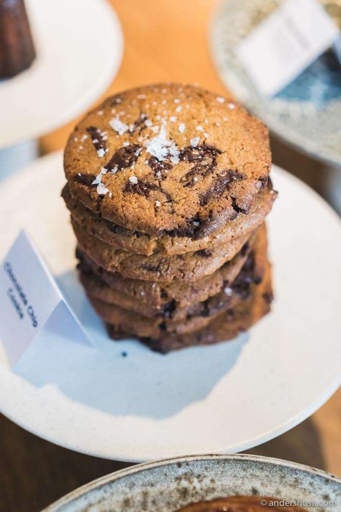 Fresh chocolate chip cookies with sea salt.