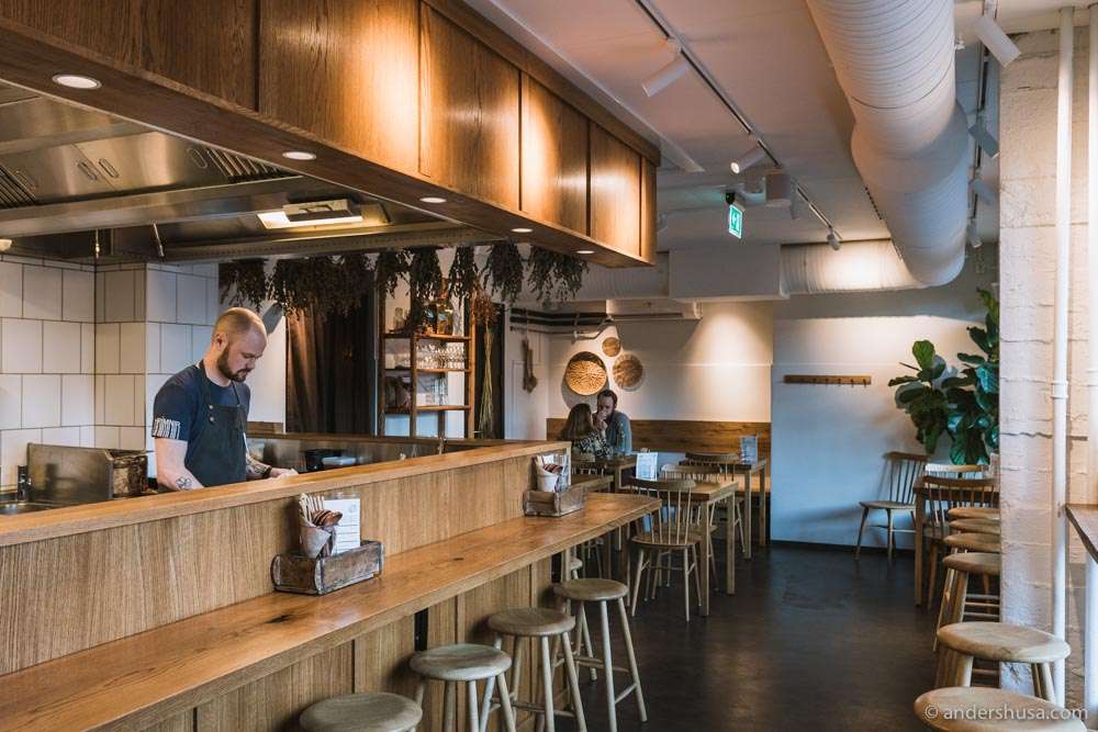 The beautiful interior of Hrímnir Ramen in Oslo.