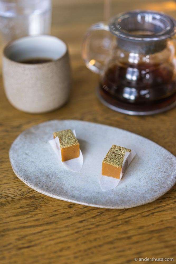 Fig leaf fudge and handbrewed coffee.