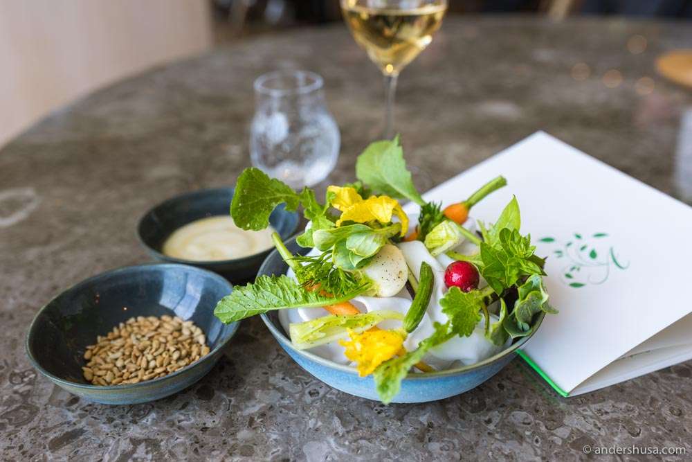 Fresh vegetables with a Jerusalem artichoke dip and smoked sunflower seeds.