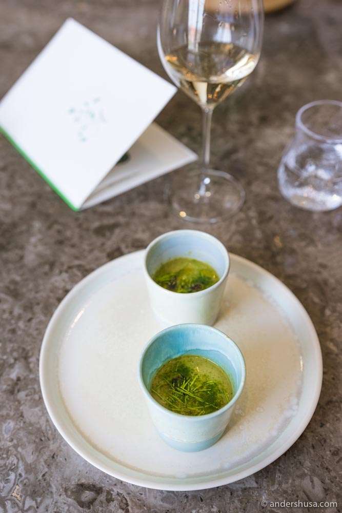 A vegetable "smoolie" (smoothie) made with fruit, matcha tea, and pine shoots.