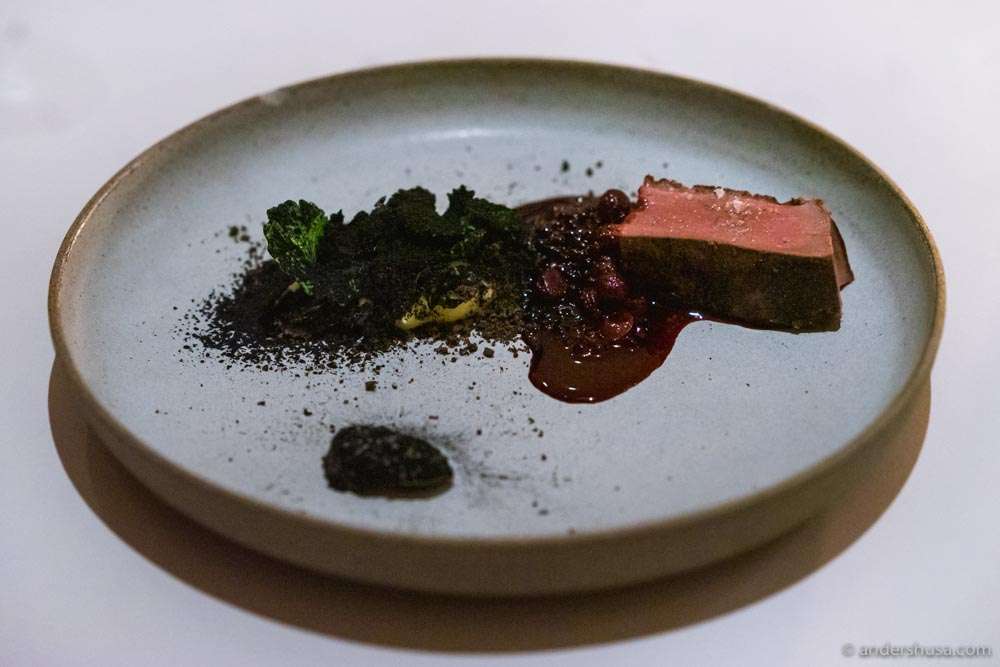 Duck breast, black cabbage, potato purée, burnt hay, blackberries, and lingonberries.