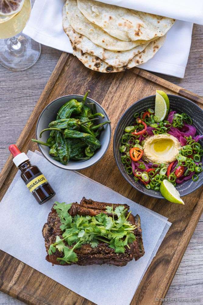 Lamb, hummus, and tortilla.