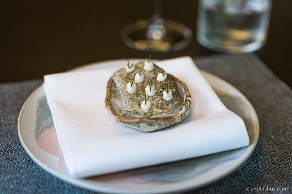 Cod skin chicharron with roe, pickled leek, dill, and mayonnaise.