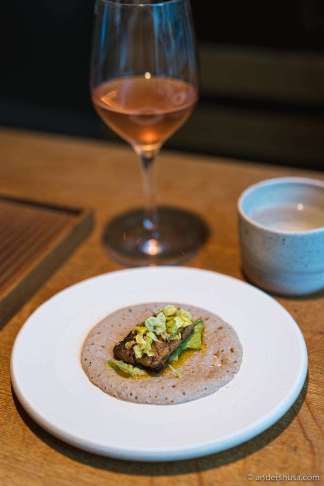 Buckwheat sourdough injera with pork belly and pumpkin miso.