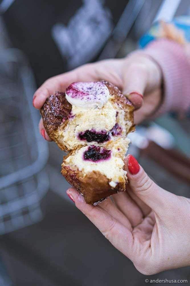 The inside is filled with blackcurrant jam and vanilla cream.