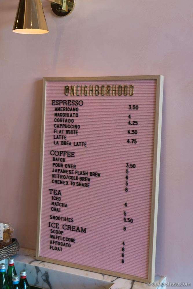 The menu at Neighborhood coffee shop in L.A.