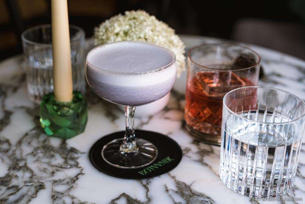 The beautiful Butterfly Pea Blackcurrant Leaf Gin Sour.