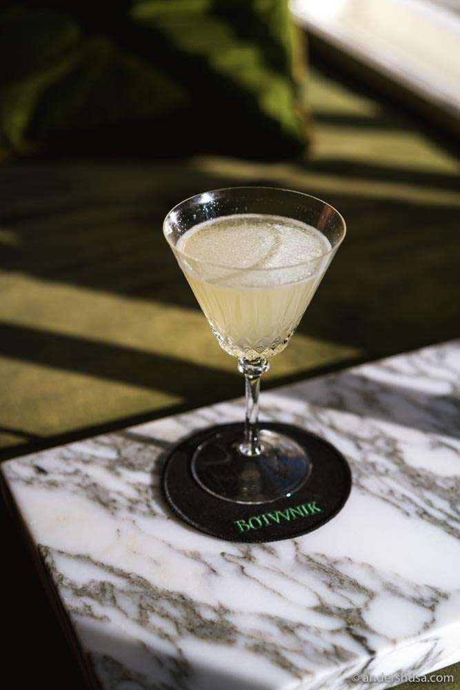 The Mediterranean Vodka Gimlet with bergamot, makrut lime leaves, and lemon.