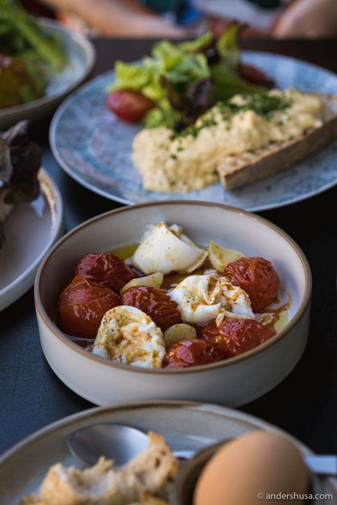 Confit garlic, tomatoes, and mozzarella.