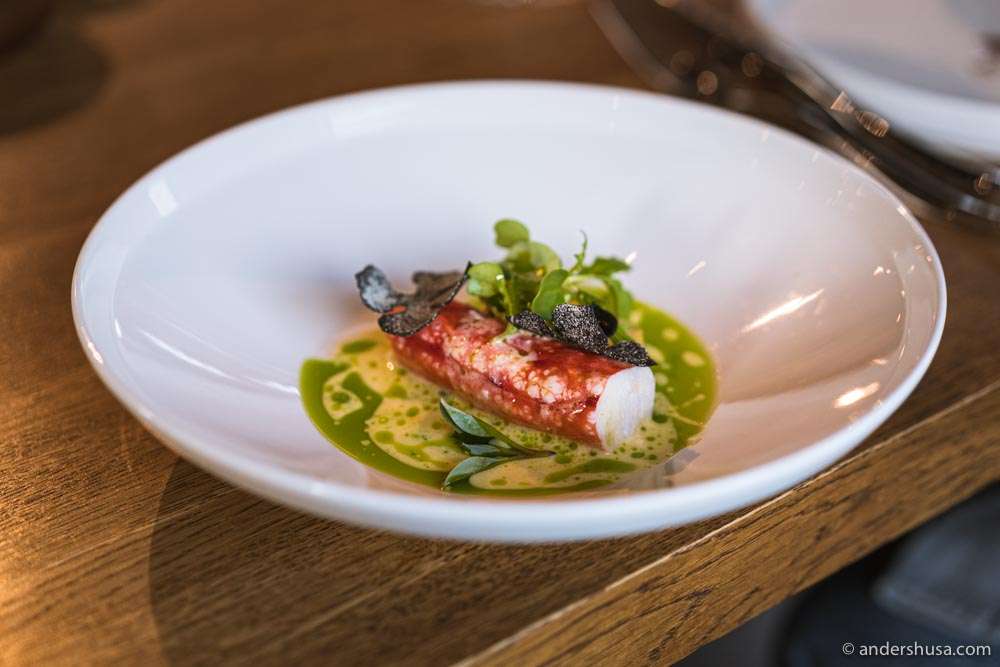King crab leg, celeriac oil, and squid ink cracker.