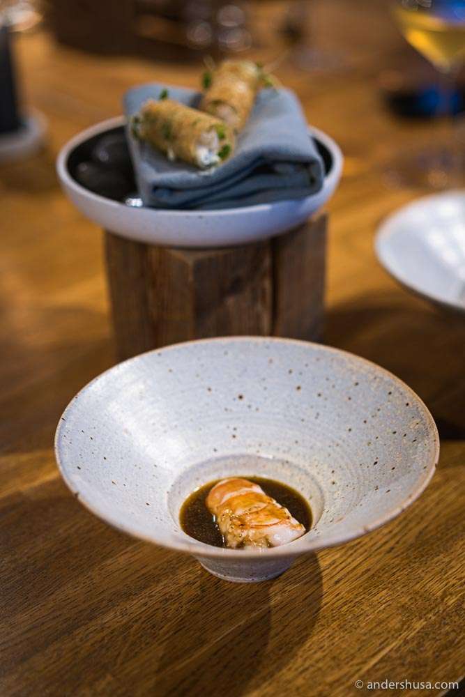 Langoustine tail with mussels, scallops, and chicken sauce.