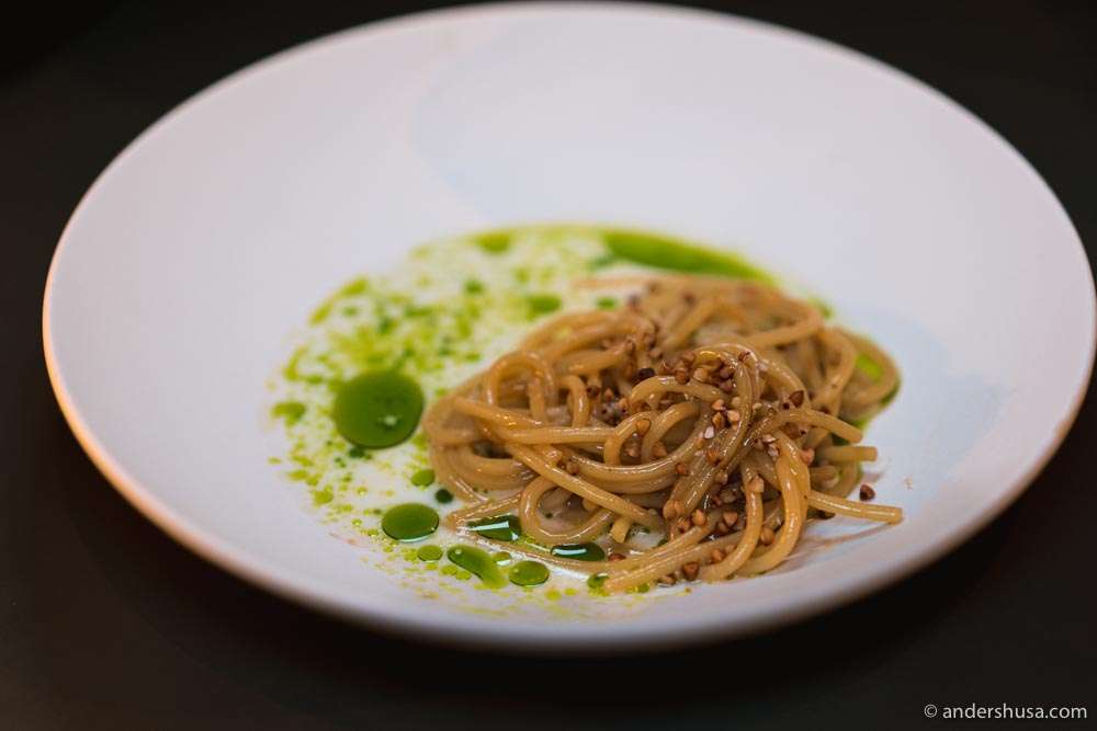 The signature spaghetti with buttermilk, dill oil, and buckwheat.