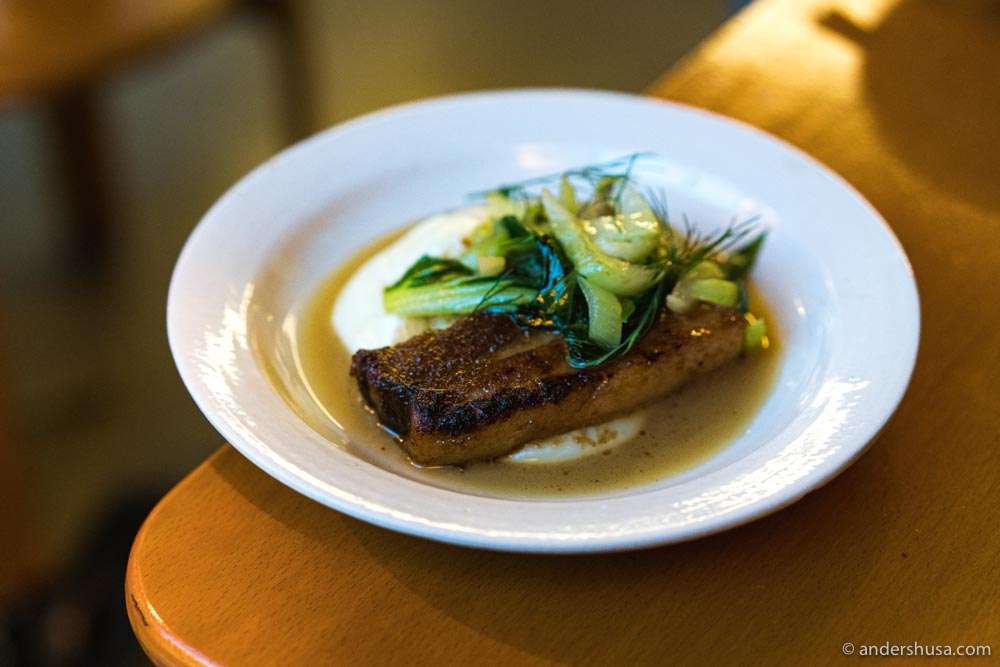 Glazed pork belly with mash and paksoi.