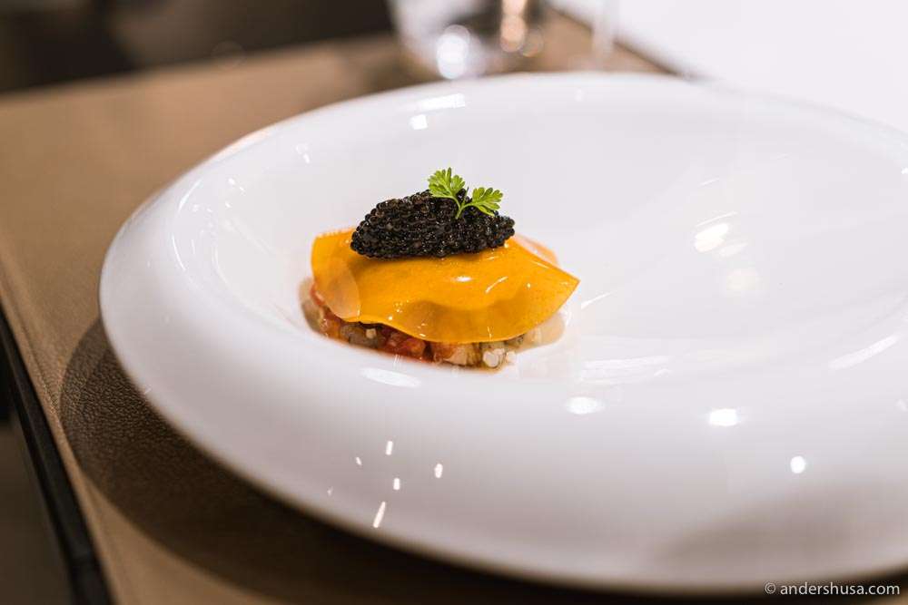 Tomato and shrimp with caviar.