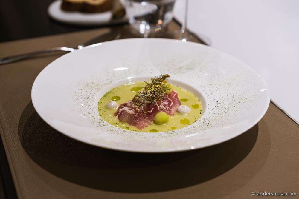 Sake-cured horse mackerel, tarama, and cucumber.