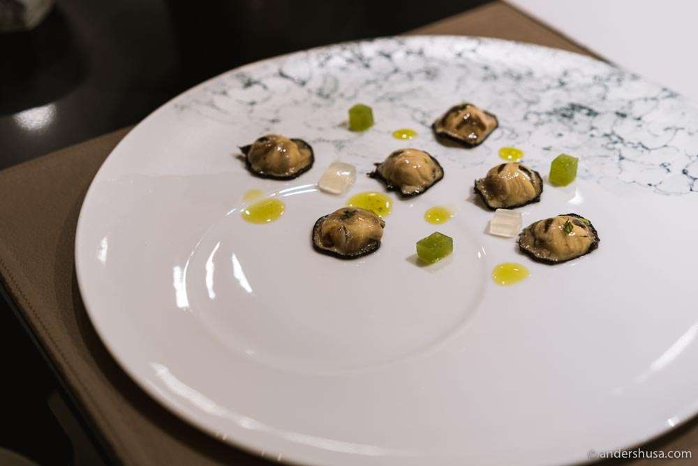 Jewels of oysters, with vodka, tonic, and mint oil.