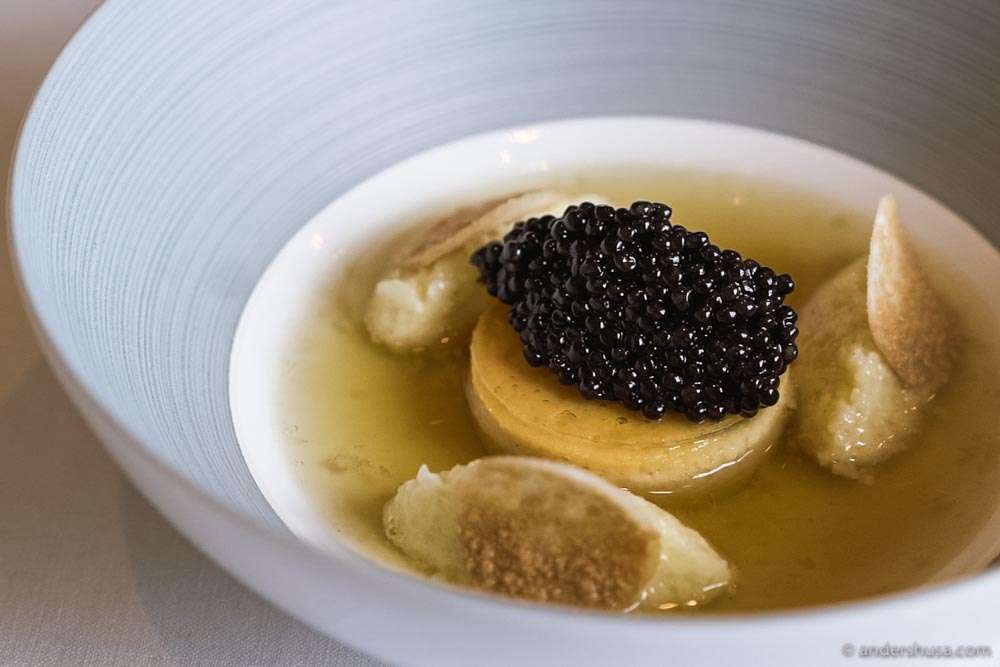Miso flan with cauliflower, maté, and caviar.