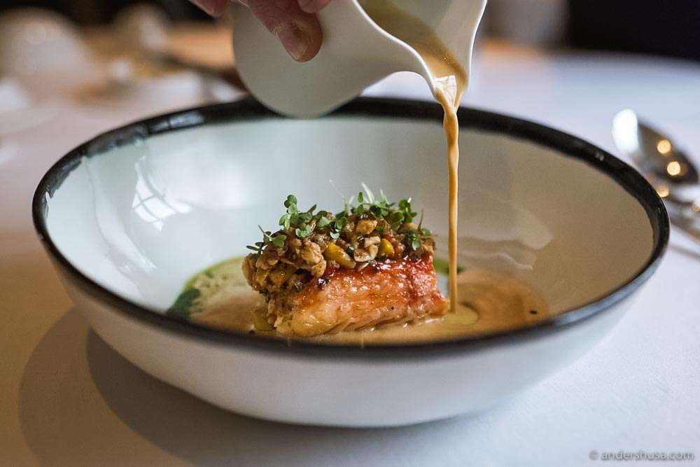 King crab with sweet corn, mimolette, and chermoula.