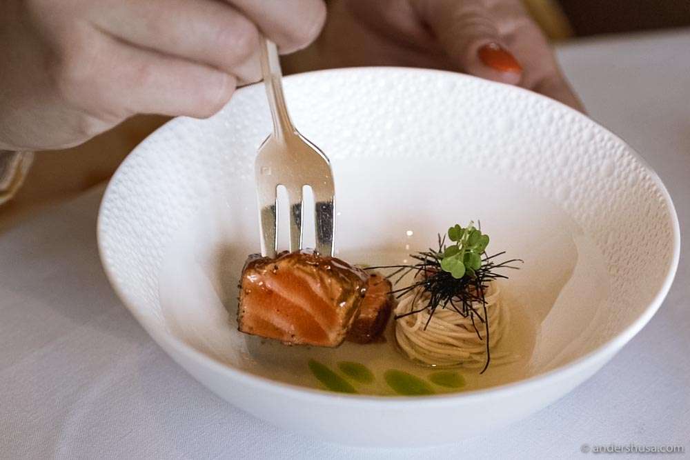 Norwegian salmon, shiso, and rice noodles.