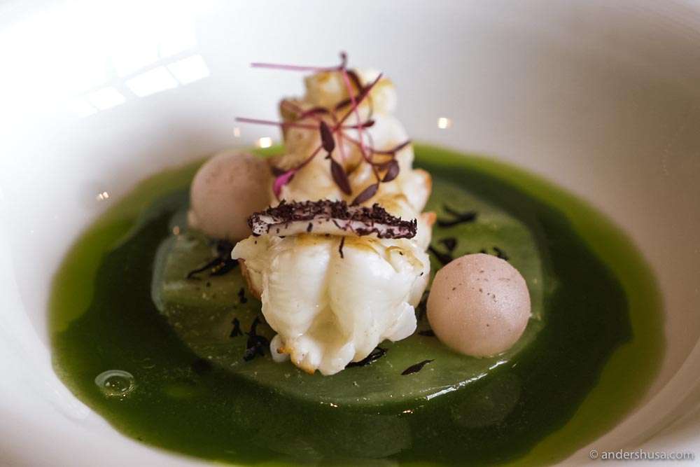 Langoustine with apple, cucumber, avocado, and a sphere of frozen sake.