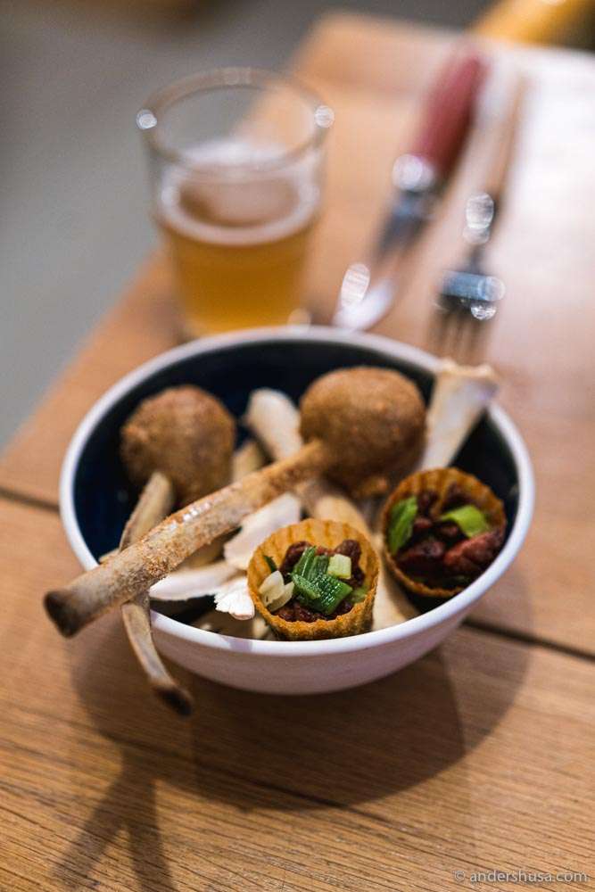 Lamb off-cuts dipped in sourdough and deep fried, and a lamb croustade with leeks and sweetbreads.