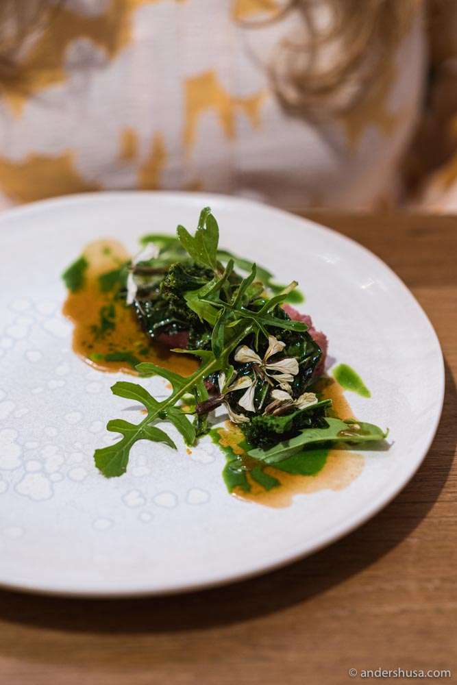 Lamb with kale, brown butter, and whey.