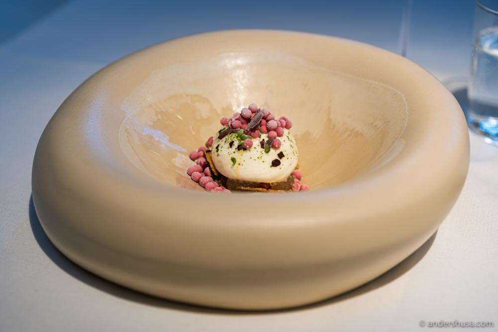 Goat milk ice cream, fig leaf oil, and frozen hibiscus pearls.