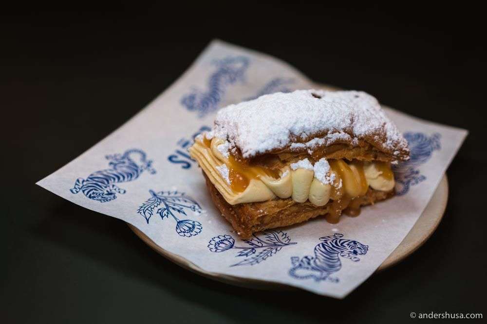The famous Tompussy (tompuce) dessert with banana and salted caramel.