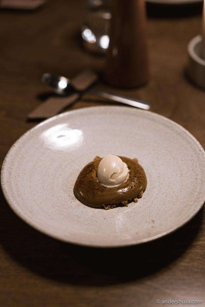 Almond ice cream, coffee foam, and salted cookie crumble.