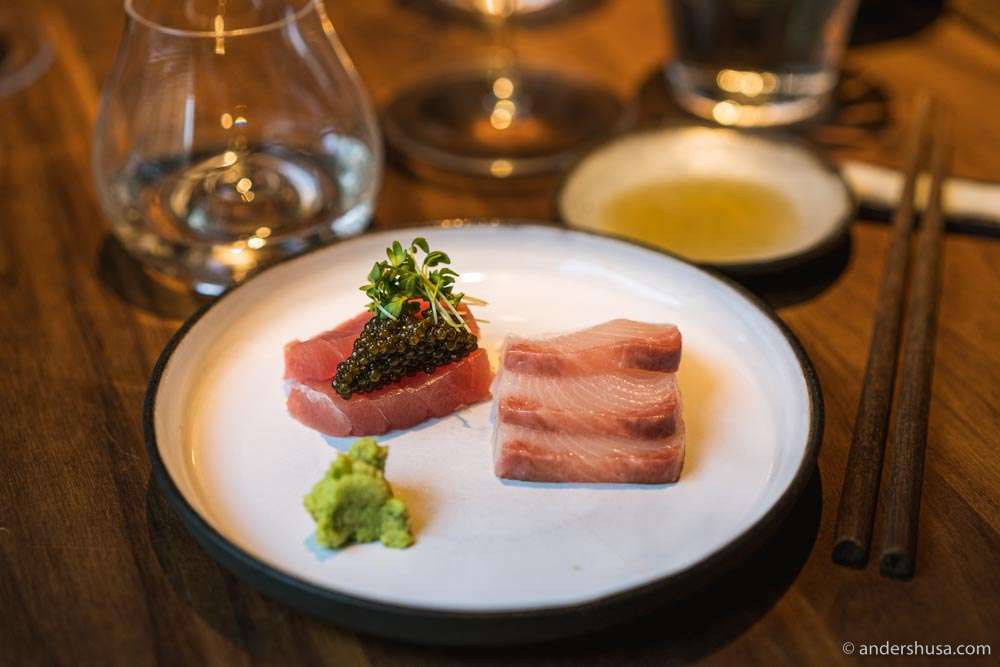 Hamachi belly sashimi, yellow fin tuna with Rossini caviar, and fresh wasabi.