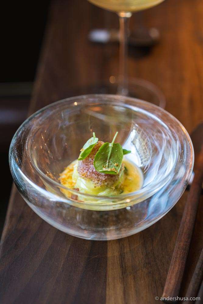 Cucumber spaghetti, butter sauce, yuzu kosho, lumpfish roe, & smoked trout roe.
