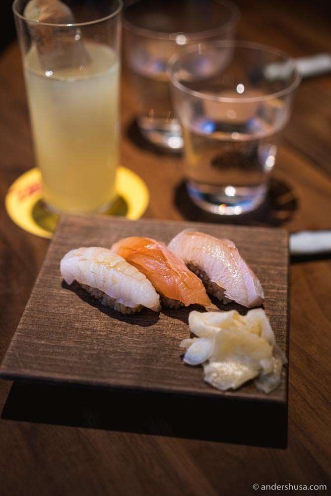Sushi: halibut, mountain trout, & hamachi.