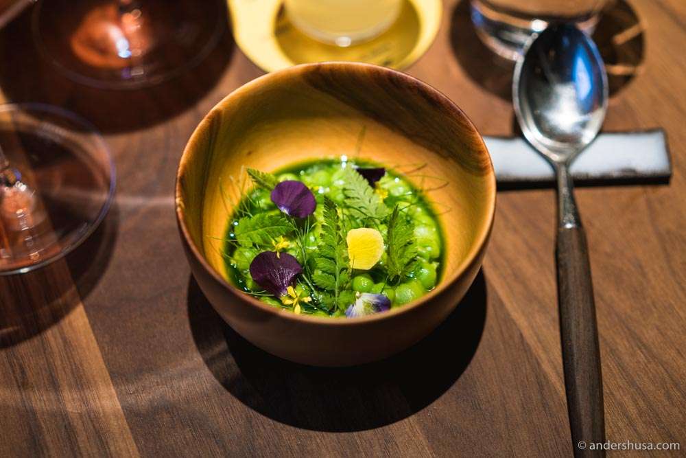Peas, parsley butter, salted lemon zest, & herbs.