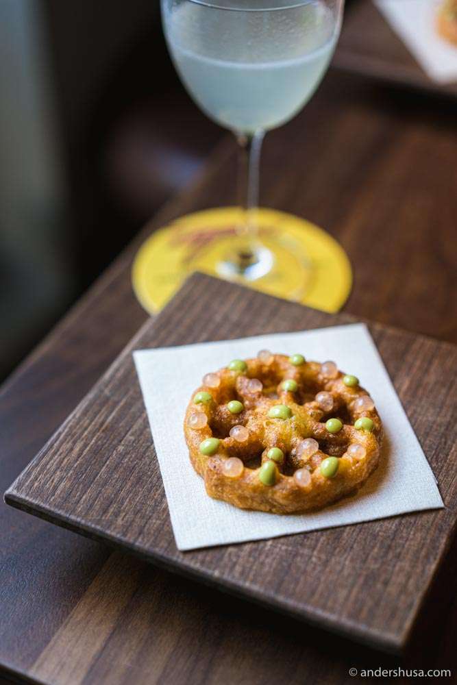 Potato waffle, brown crab, miso, tarragon mayo, & fermented dill gel.