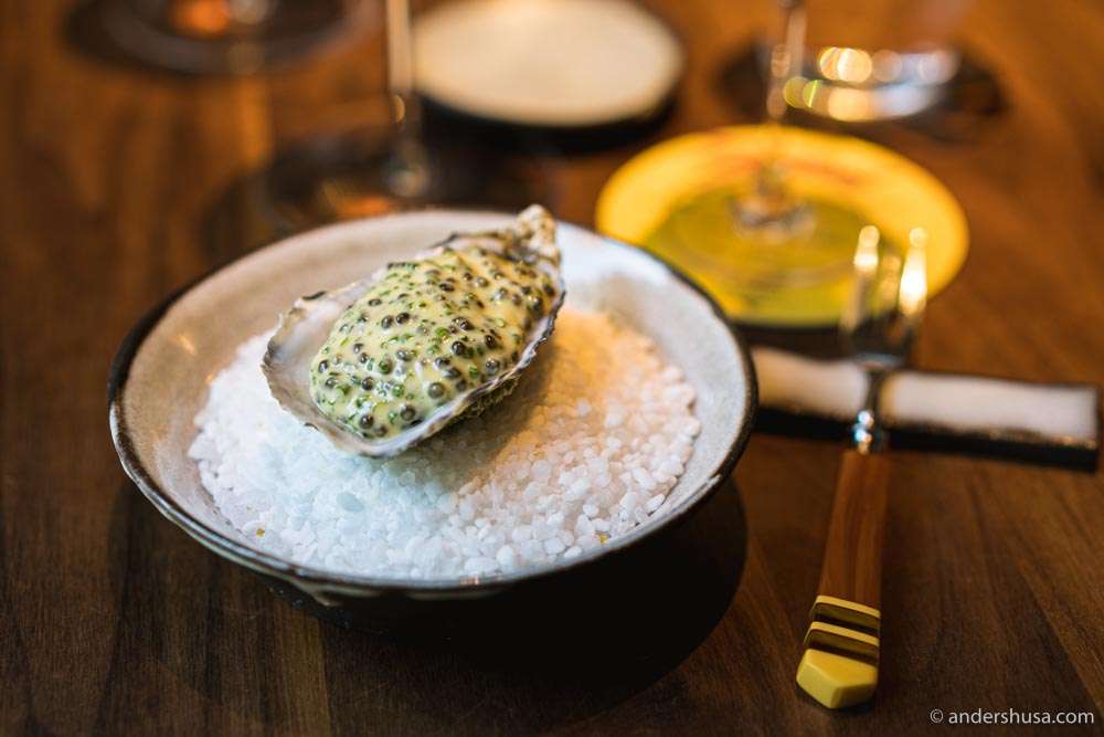 Steamed oyster, hollandaise, caviar, & chives.
