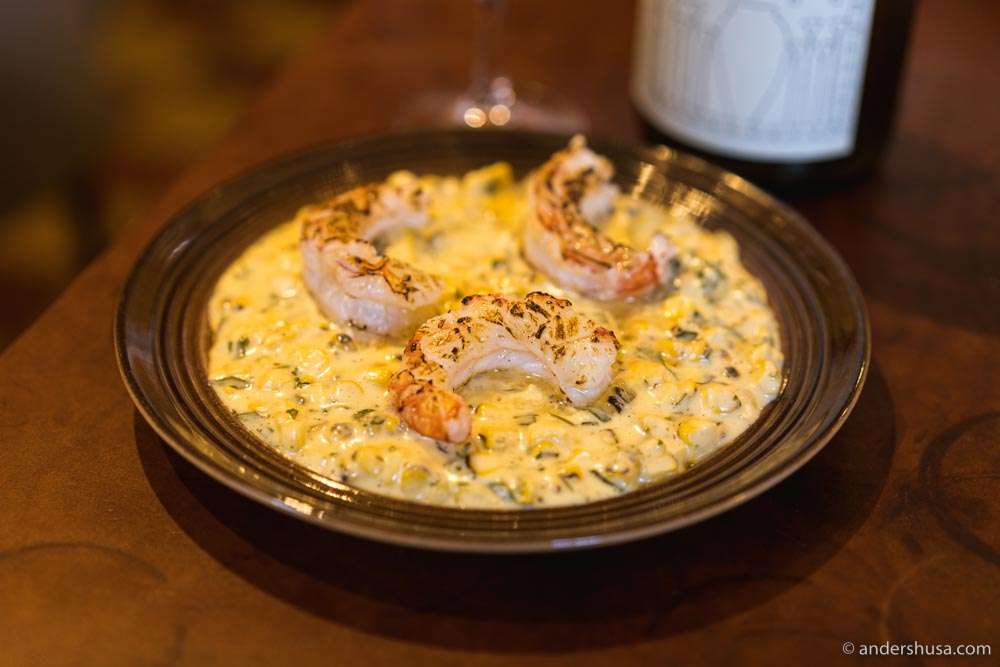 Red shrimp, corn, and bearnaise.