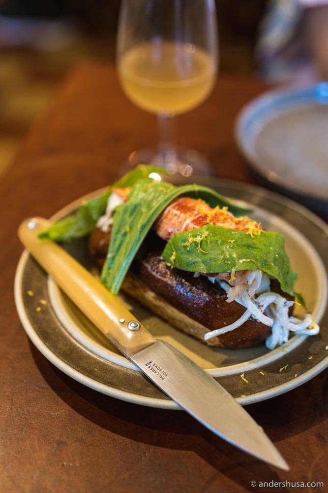The lobster roll with radish remoulade and sorrel.