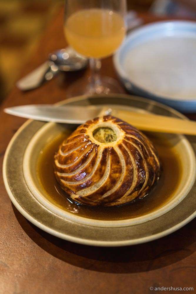 Tourte with lamb, foie gras, lardo, and jus.