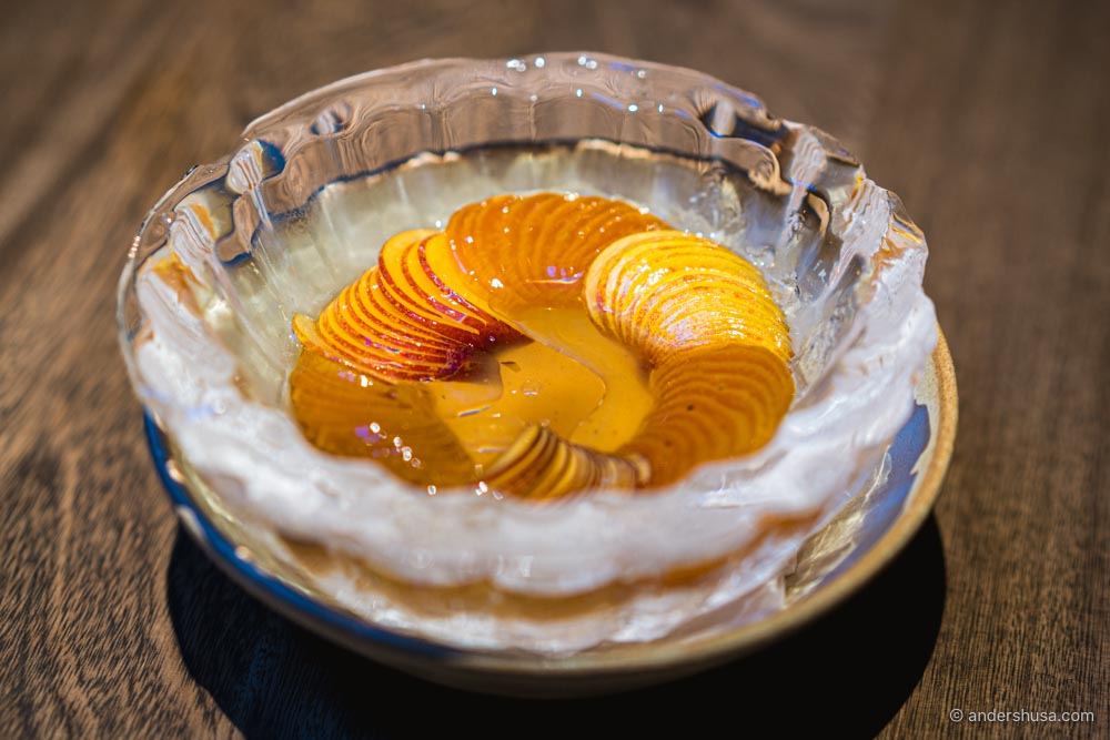 Ilis serves beets and nectarines in a bowl made from ice.