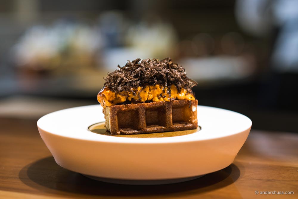 The signature sea urchin waffle with truffle at Chef's Table at Brooklyn Fare.