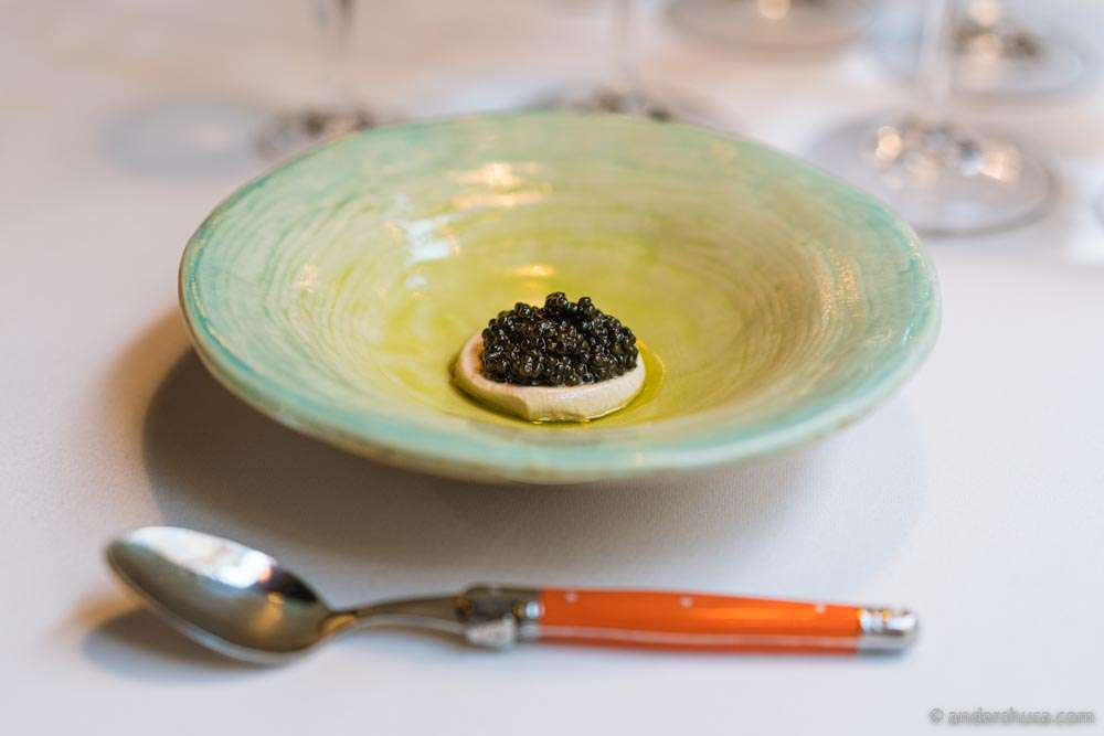 Walnut gelato, Oscietra caviar, & olive oil.